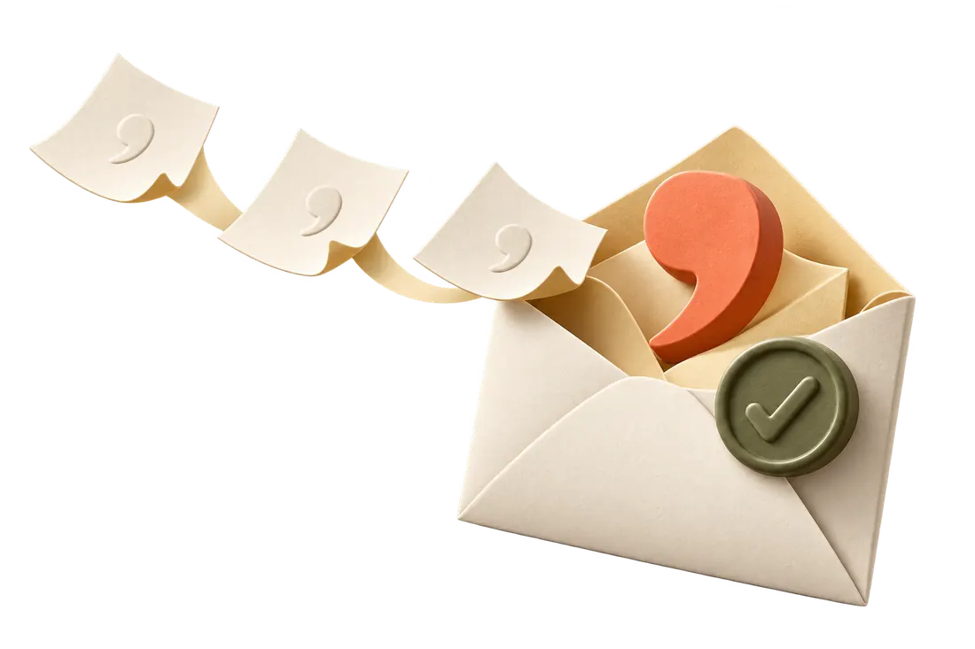 Three loose paper notes drifting into one open envelope, sealed with a check mark.