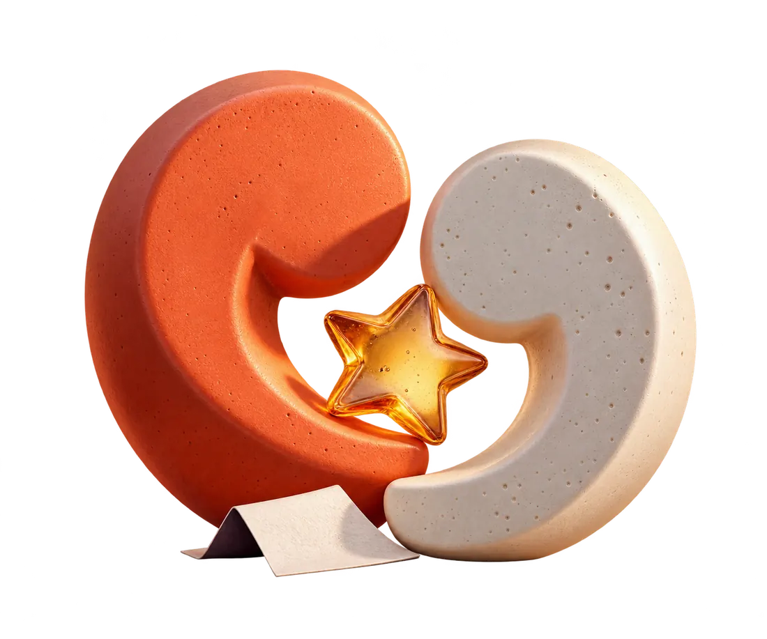 Two sculpted quotation marks, one terracotta and one cream, holding a small amber star between them.